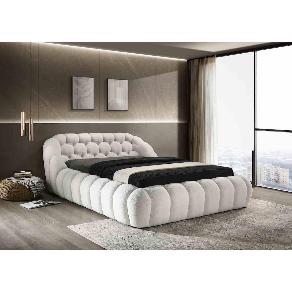 Classic White Finish Fully Upholstered 1PC Platform Bed