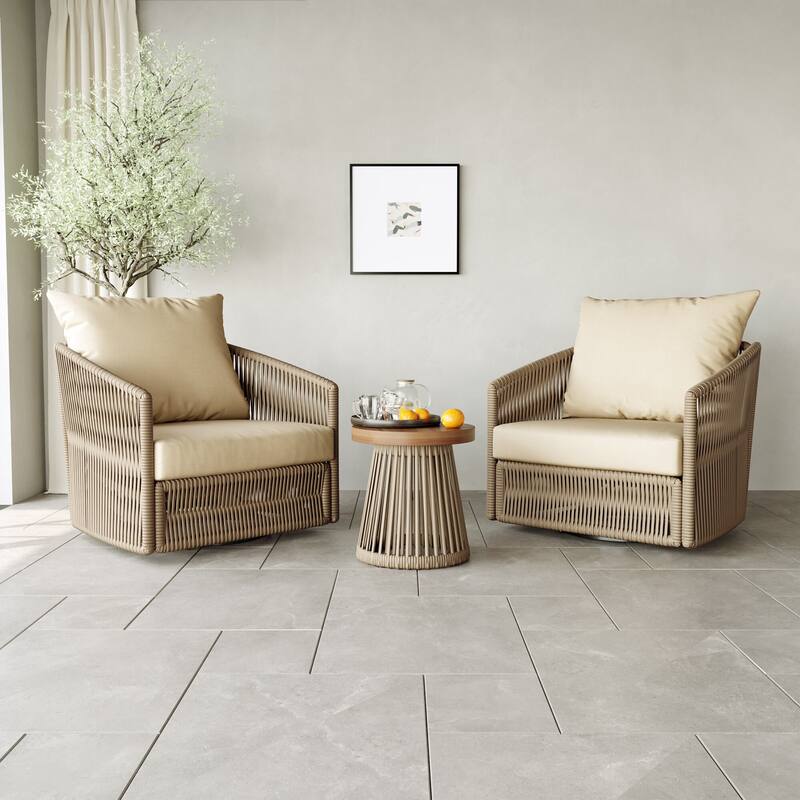 3-piece Cushioned Swivel Patio Wicker Furniture Set Outdoor Rattan Bistro Set - Khaki
