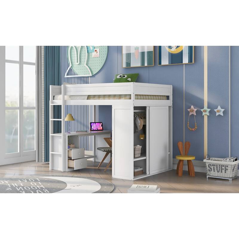 White Full Size Loft Bed with Wardrobe, Desk, and Storage Cabinet
