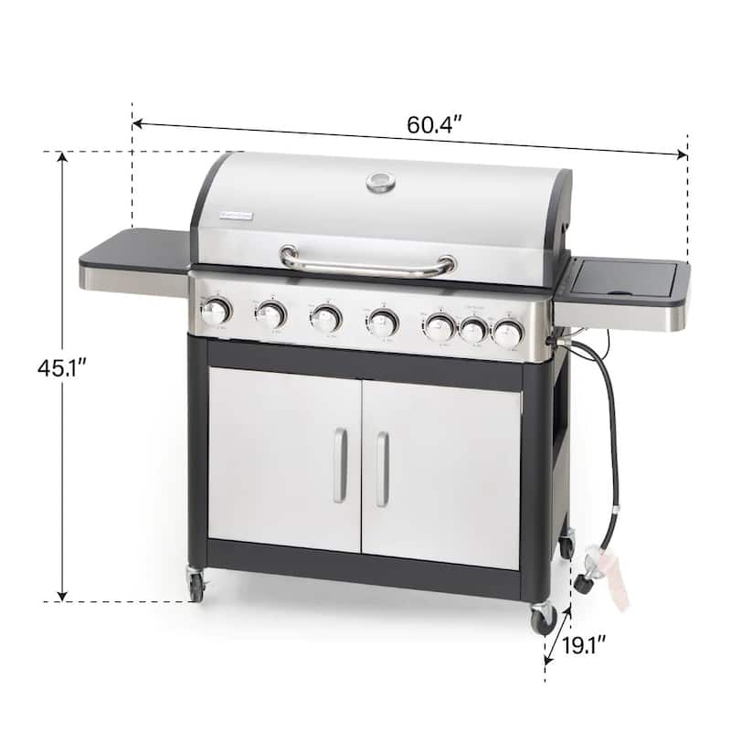 6-Burner Propane Gas BBQ Grill with Side Burner, 65,800 BTU, Porcelain Grates, 665 SQ.IN. Cooking Area, Stainless Steel