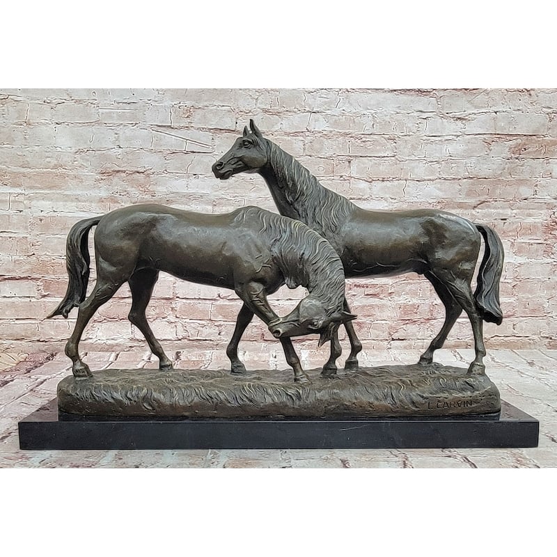 Necking Imitative Horses Equestrian Imitative Horse Lover Bronze Sculpture Statue Art Figure Marble Base