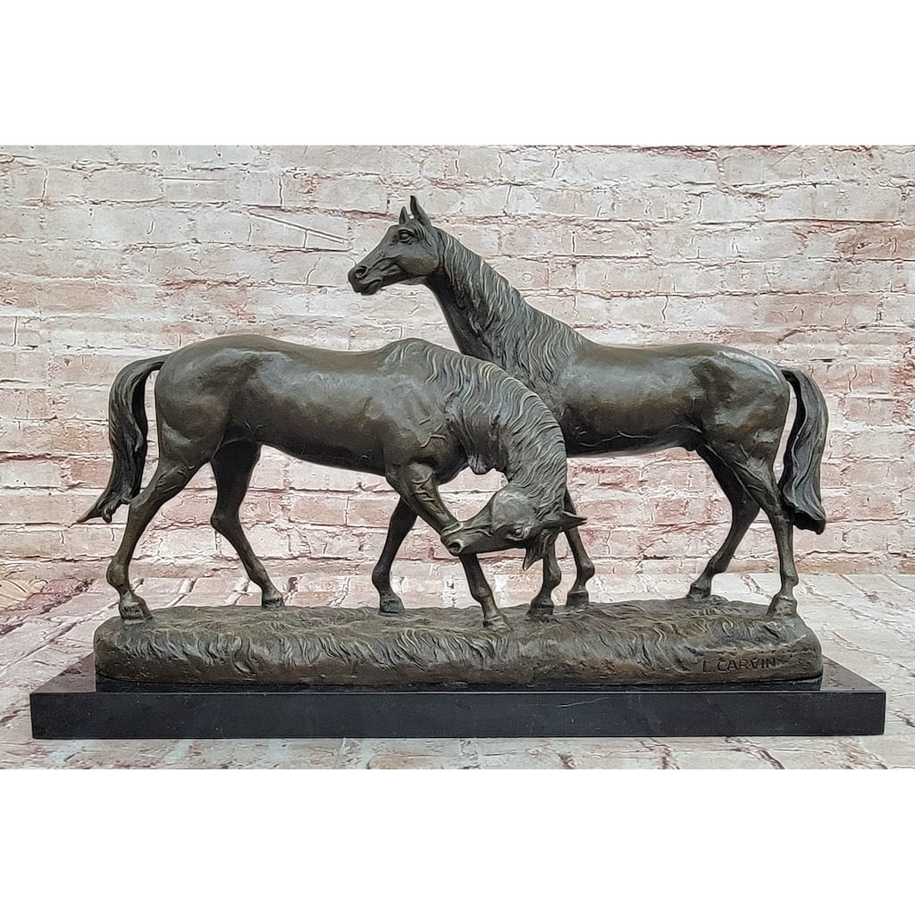 Necking Imitative Horses Equestrian Imitative Horse Lover Bronze Sculpture Statue Art Figure Marble Base