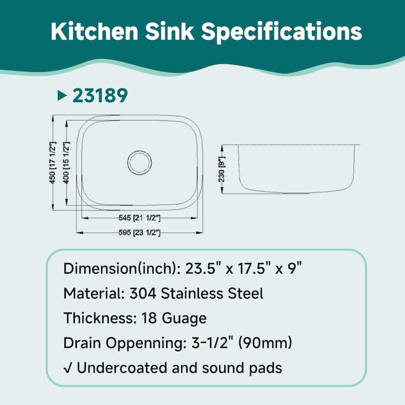 CB HOME 23'' Undermount Kitchen Sink, Stainless Steel Kitchen Sink Single Bowl, Undercounter Kitchen Sink With Basket Strainer