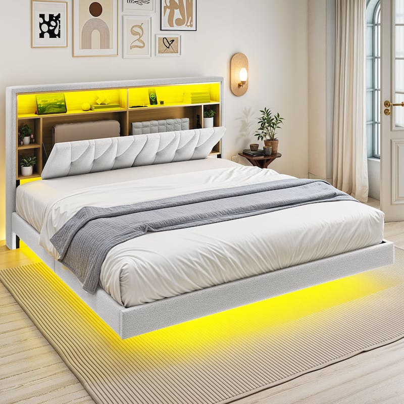 King Size Floating Bed Frame with Bookcase Storage Headboard and RGB LED Lights - King