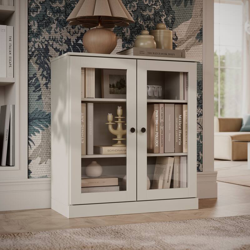 100% Solid Wood Short Bookcase with Glass Doors, Adjustable Shelves, Modular Storage Bookshelf, 32" W x 35.75" H - Off White