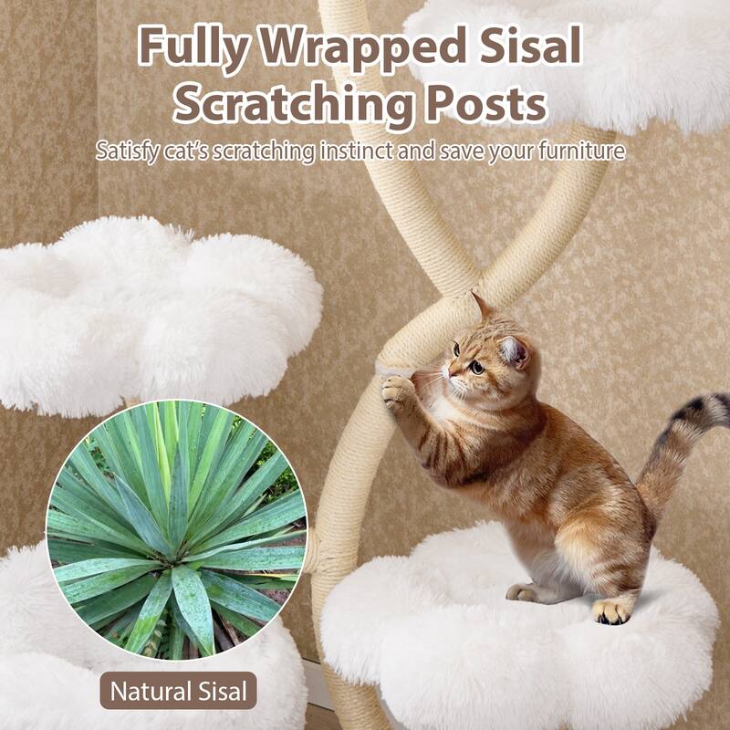 White Wood Plush Cat Tower with Condo, Sisal Posts and Flower Platforms - Overall Height: 65"