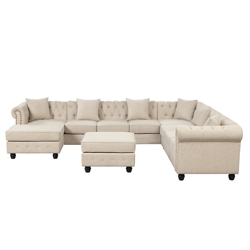 Chesterfield Sectional Sofa with Ottoman and 6 Pillows U-Shape Linen Fabric Sofa with Chaise and Rubberwood Legs for Living Room