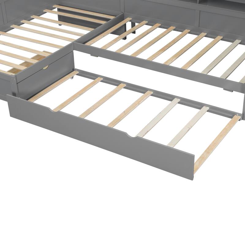 Wood Twin Size L-Shaped Platform Bed with Trundle Drawer Storage