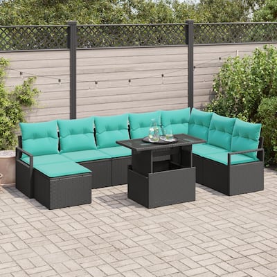 vidaXL 9 Piece Garden Sofa Set with Cushions Black Poly Rattan - 113×69.7×27.2