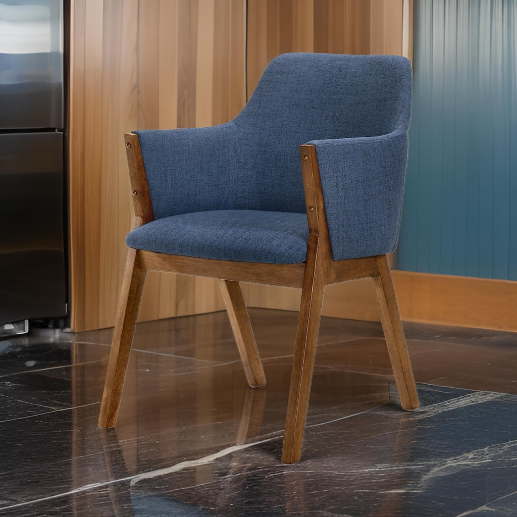 Renzo Blue Fabric and Walnut Wood Dining Side Chairs - Set of 2