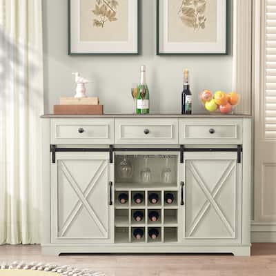 54" Farm Style Wood Buffet Bar Cabinet w/Wine & Glass Rack