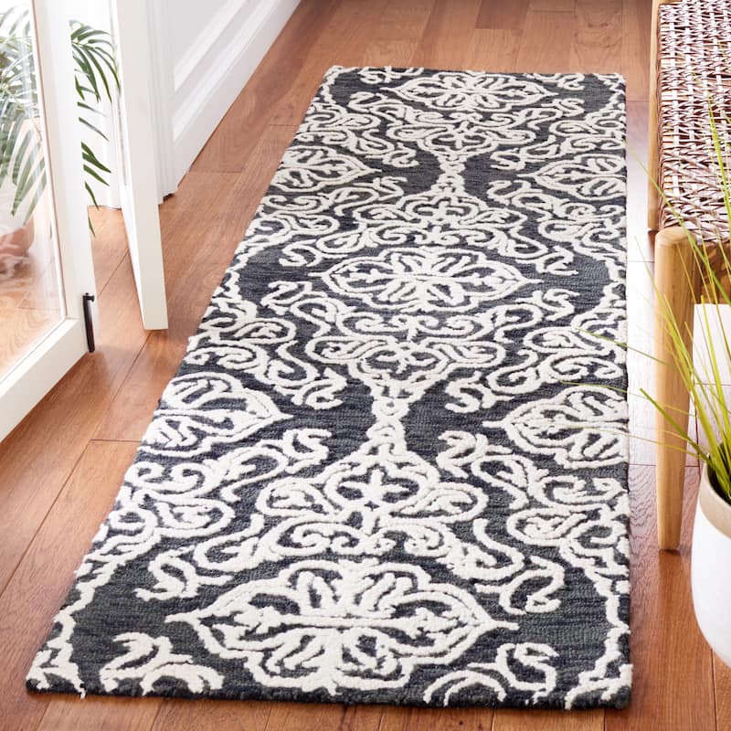 SAFAVIEH Handmade Blossom Mahalia Modern Floral Wool Rug - 2'3" x 8' Runner - Black/Ivory