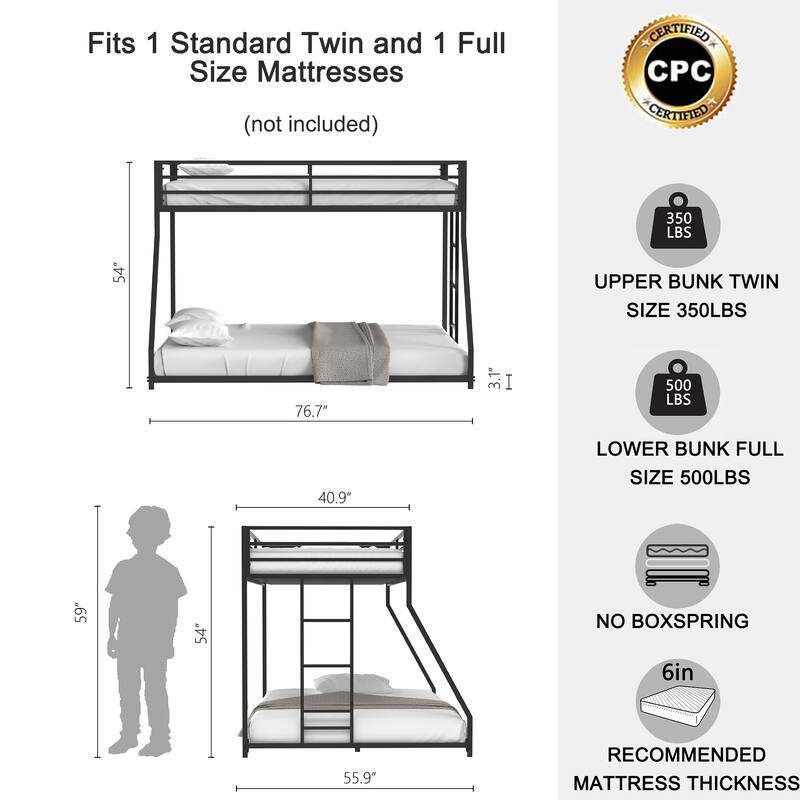 Sturdy Twin over Full Metal Bunk Bed with Ladder and Guardrails for Kids and Adults