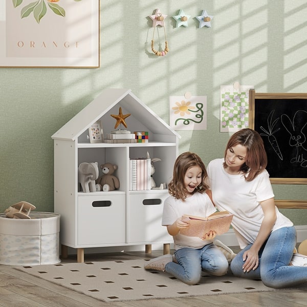 slide 2 of 9, Qaba Kids Bookshelf, 3 Tier Kids Bookcase with Two Drawers, Bookshelf for Kids Rooms, Bedroom, Nursery, White White