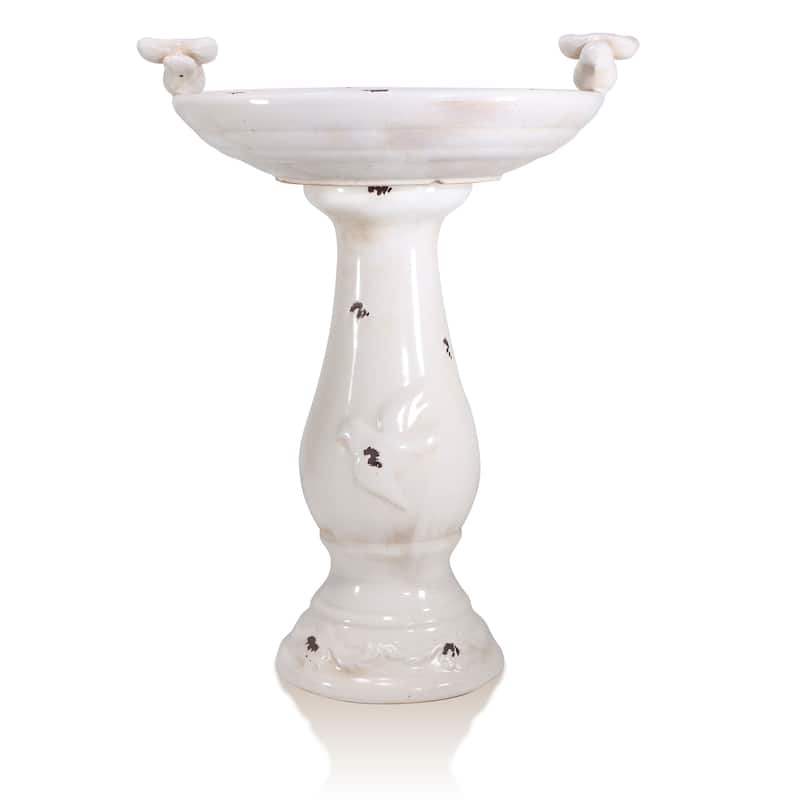 Light Brown Antique Ceramic Bird Bath with Two Birds