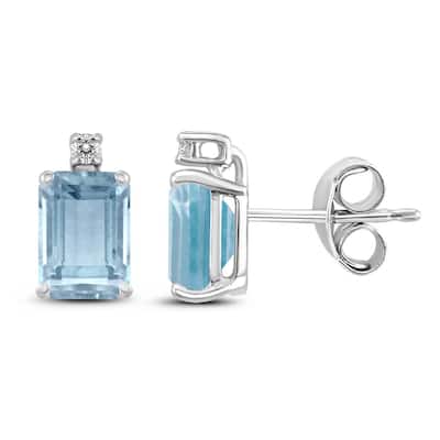 Marquee 14K White Gold 5x3MM Aquamarine Aquamarine Emerald and Diamond Earrings