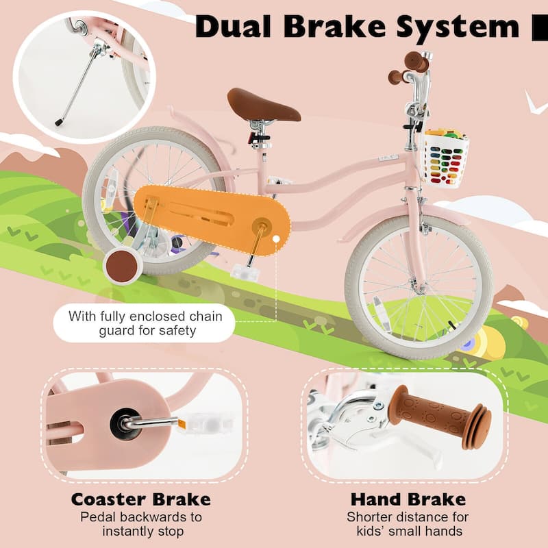 Children Adjustable Bicycle with Front Handbrake and Rear Coaster Brake Perfect Gift for Kids