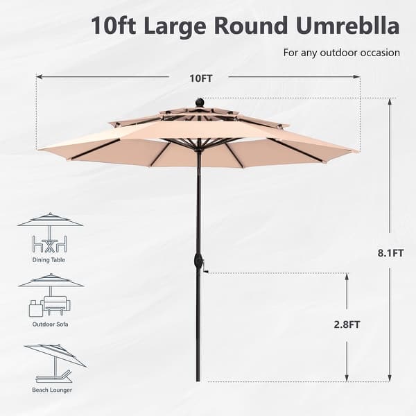 dimension image slide 0 of 3, MAISON ARTS 10ft 3 Tiers Patio Outdoor Umbrella Matched with most Patio Table with Ventilation Auto-tilt and Crank Lift
