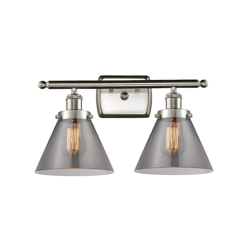 Innovations Lighting Large Cone 2 Light 16" Wide Vanity Light - Brushed Satin Nickel / Plated Smoke
