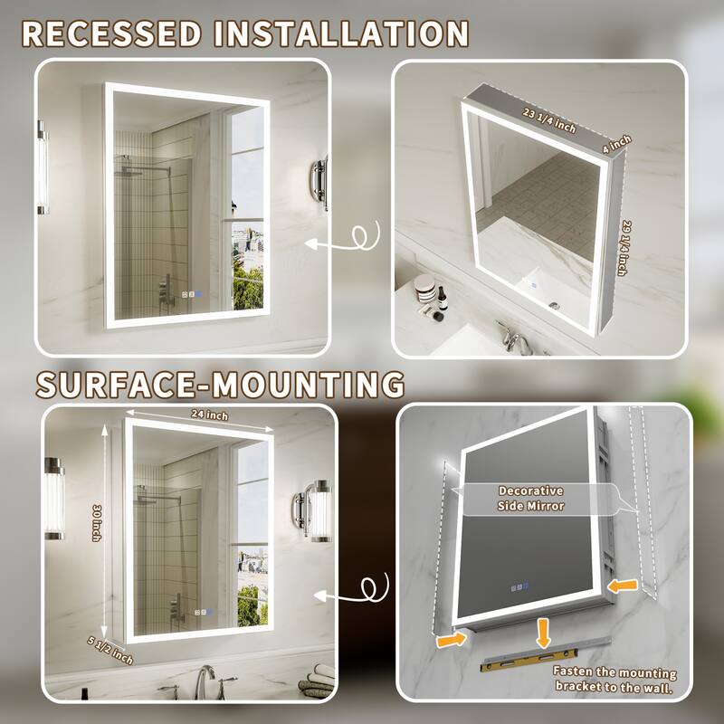 Modland 24"-30"W x 30"H LED Bathroom Medicine Cabinet with Mirror Anti-Fog,Surface or Recessed Mount
