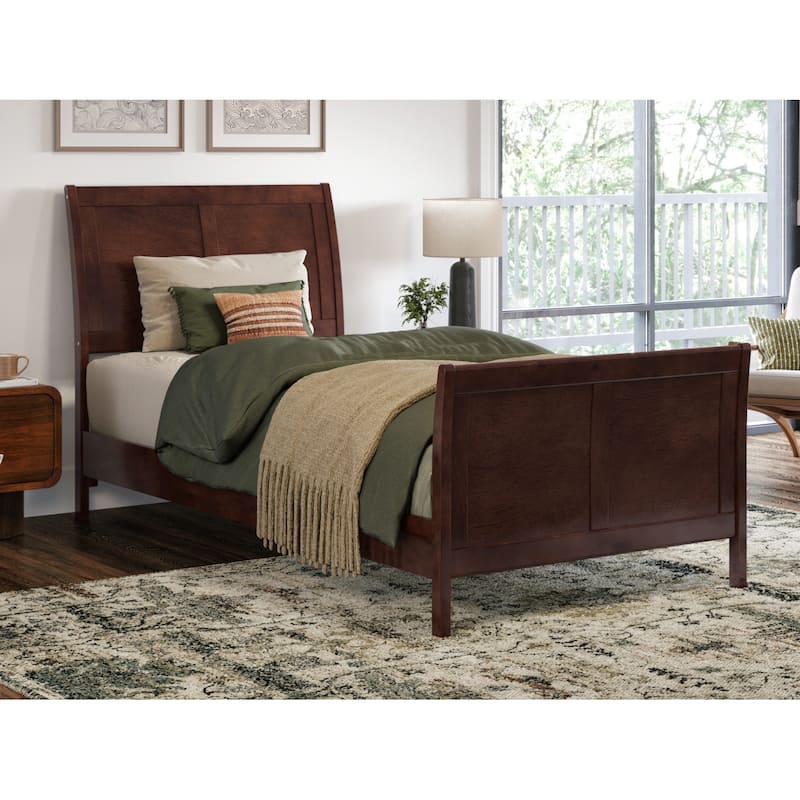 Twin XL Platform Bed Wood Sleigh Bed Low Profile Modern Bed Walnut Finish