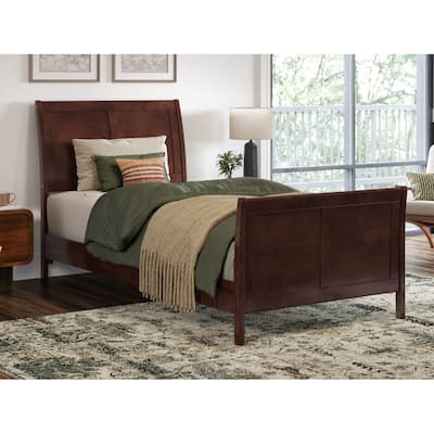 Twin XL Platform Bed Wood Sleigh Bed Low Profile Modern Bed Walnut Finish