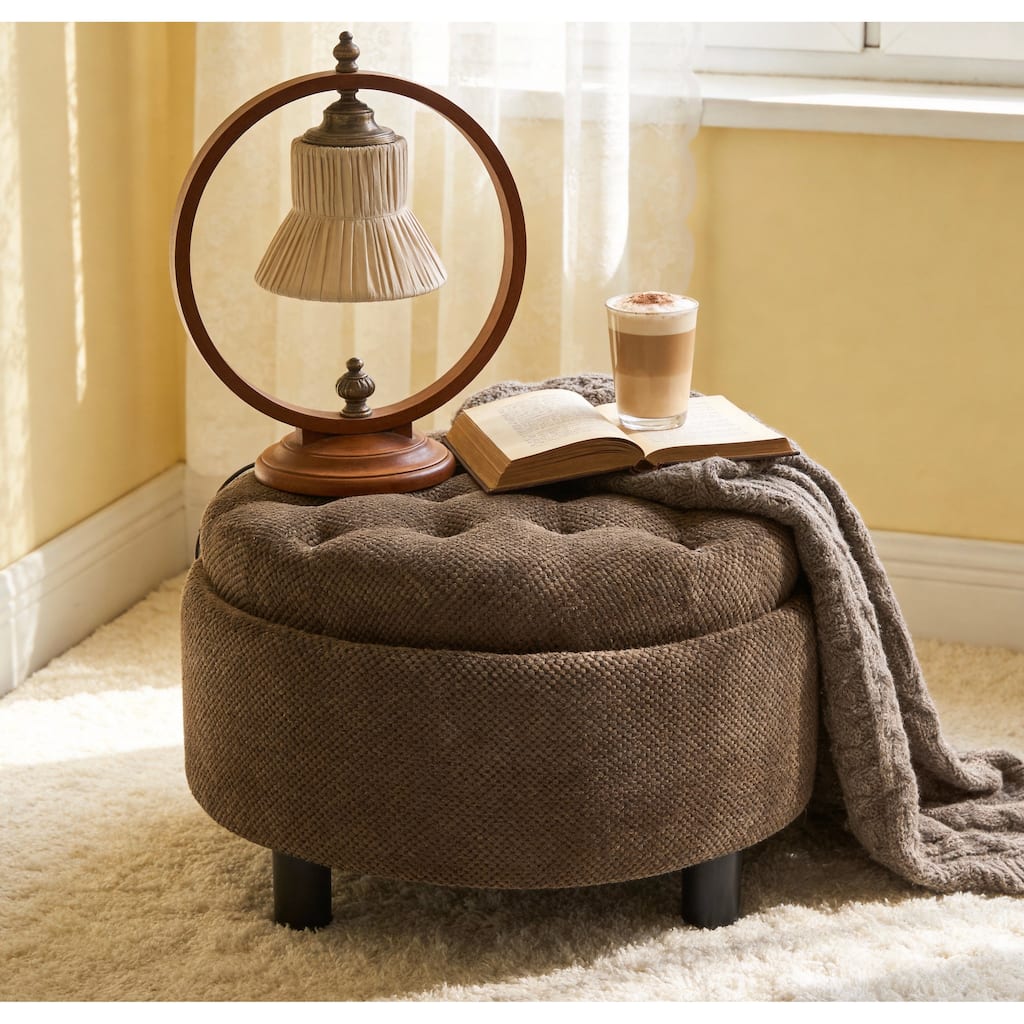 25"Round Storage Ottoman with Tray,ModernTufted Fabric Circle Coffee Table with Storage,Upholstered Ottoman with Removable Top
