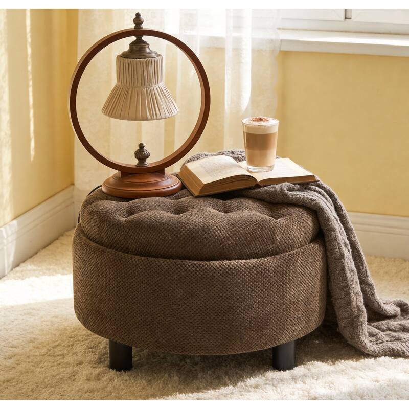 Round Storage Ottoman with Lift-Off Tray and Upholstered Fabric
