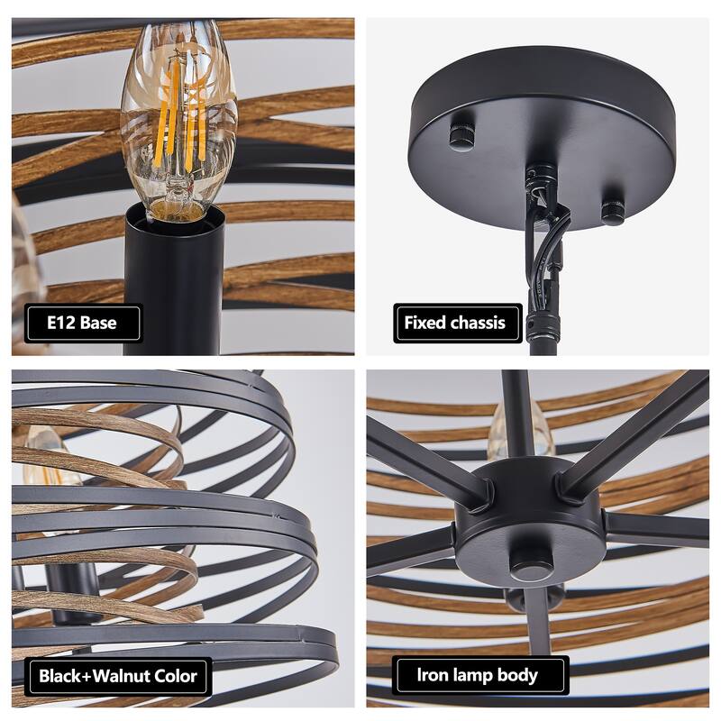 13" Rustic Industrial Pendant Light, 3-Light Black and Walnut Metal Cage Chandelier with Wood Accent