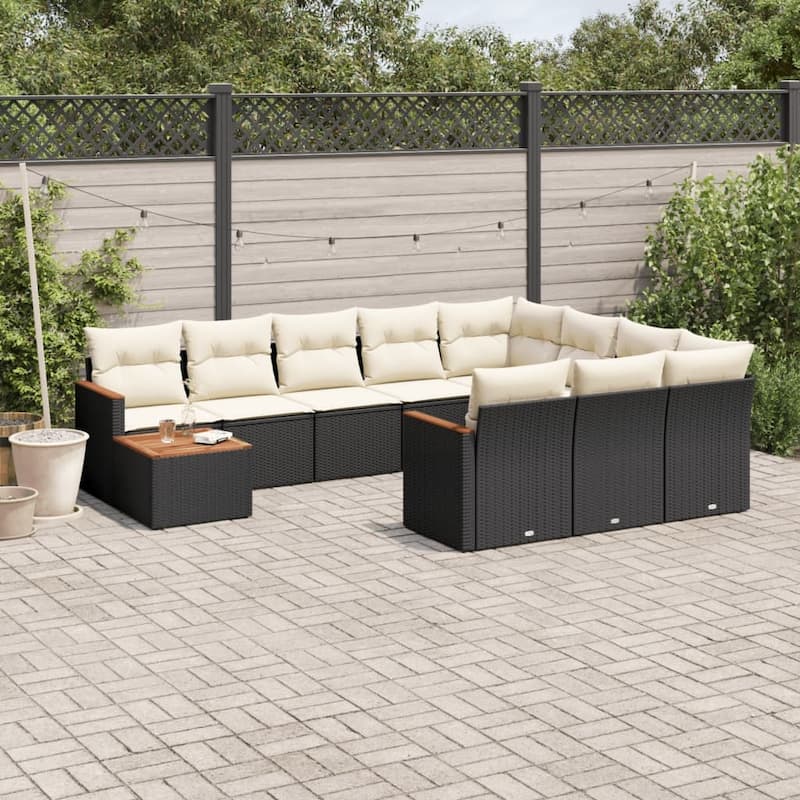 vidaXL Patio Sofa Set with Cushions Outdoor Furniture 11 Piece Poly Rattan - Black and cream