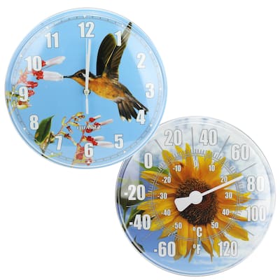 HydroTools Sunflower and Hummingbird Swimming Pool Thermometer and Wall Clock 12-Inches - 12"