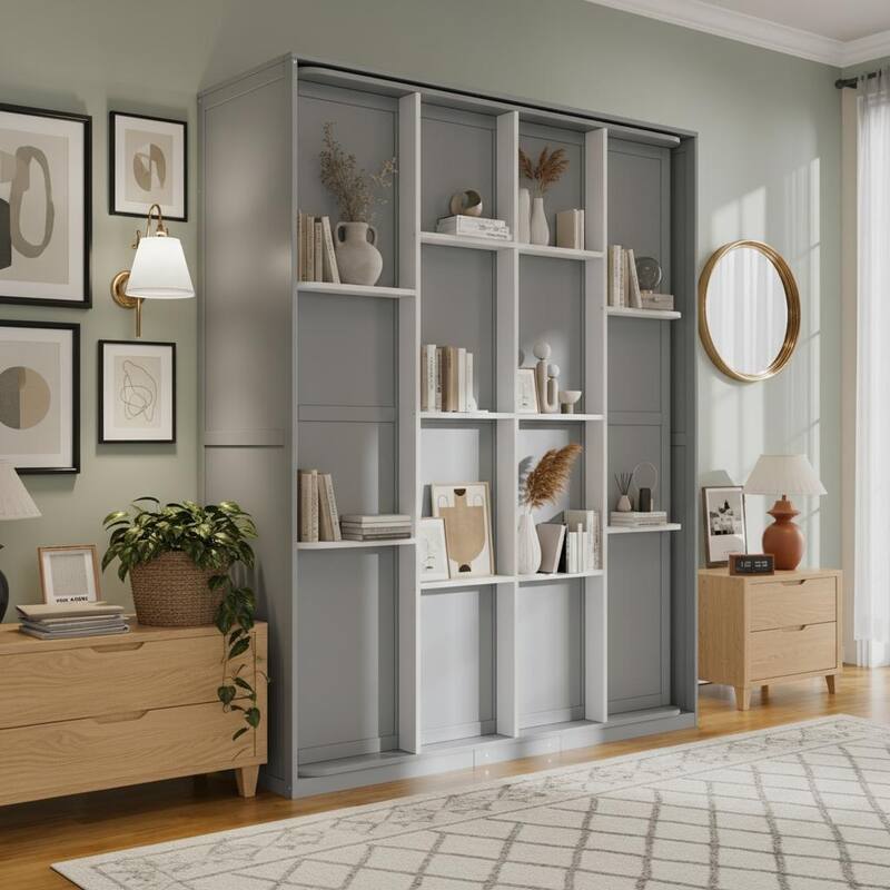 360° Rotating Queen Murphy Bed Cabinet with 14-Shelf Hidden Bookcase by Harper&Bright Designs - Grey