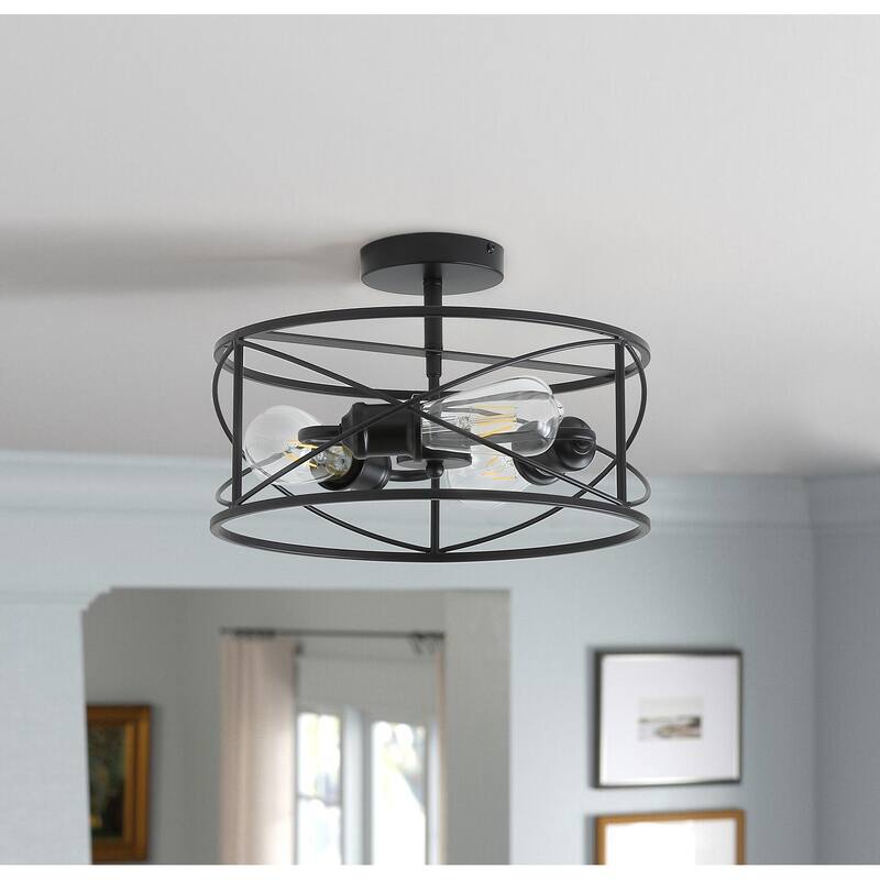 Industrial Black 3-Light Cage Shape Metal Frame Ceiling Semi Flush Mount