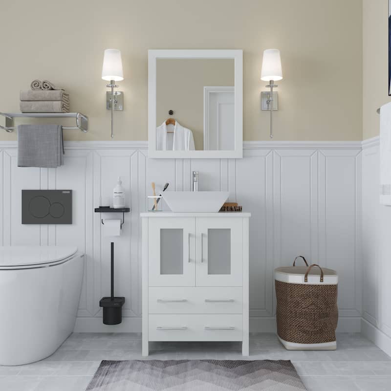 Vanity Art 24-inch Single Sink Bathroom Vanity Set With Engineered Marble Top and Free Mirror - White
