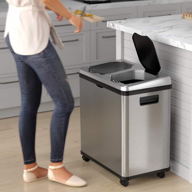 iTouchless 16 Gal Stainless Steel Sensor Recycle Bin Trash Can Wheels