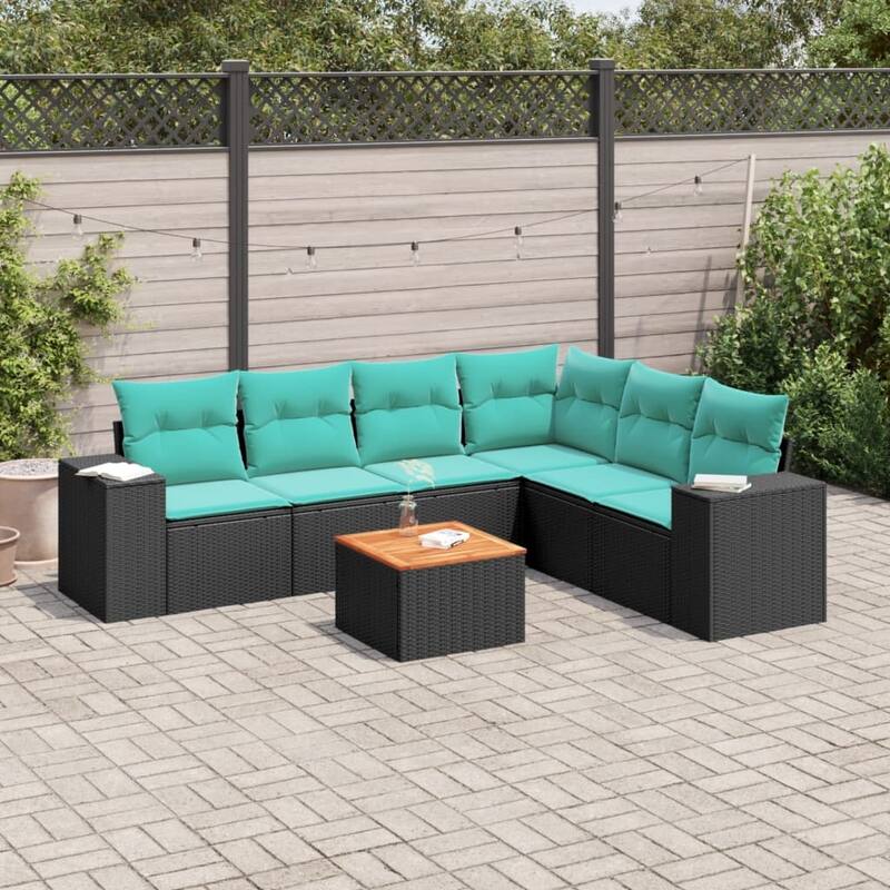 vidaXL 7 Piece Patio Sofa Set with Cushions Black Poly Rattan - 24.4 x 24.4 x 27.2 - Black-3x middle + Table + corner