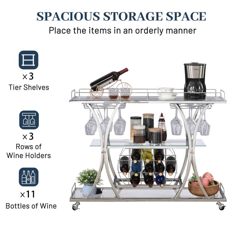 Myhozm 3-tier Serving Metal Bar Cart with Tempered Glass