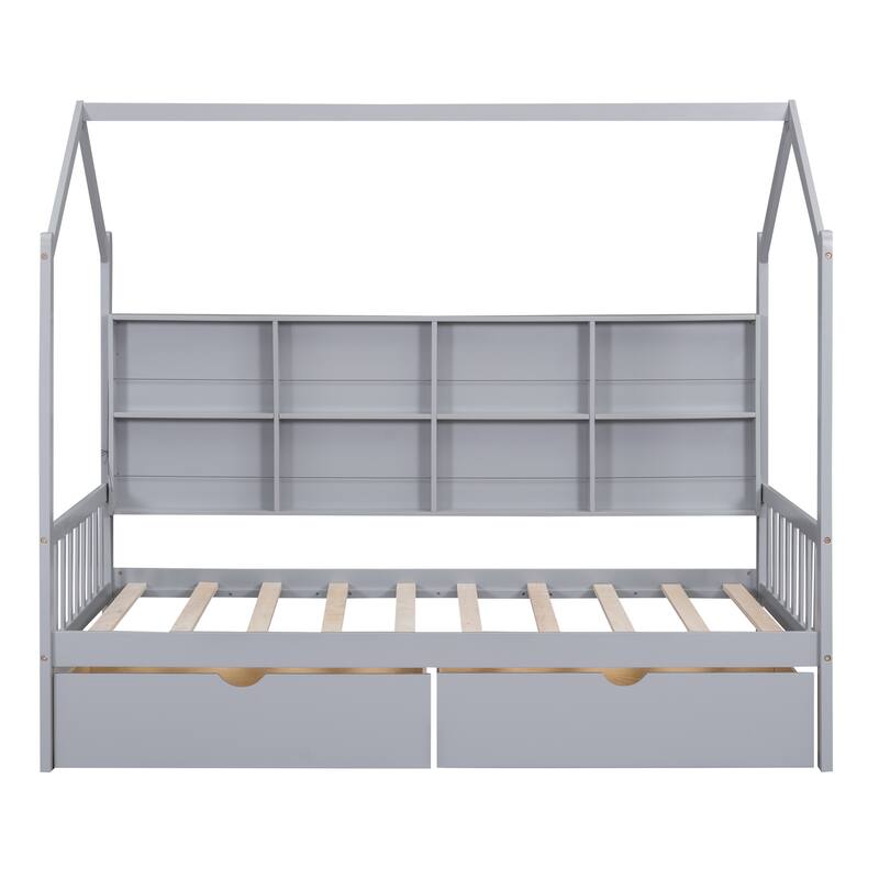 Solid Wood House Bed with Shelf and Drawer Storage for Kids
