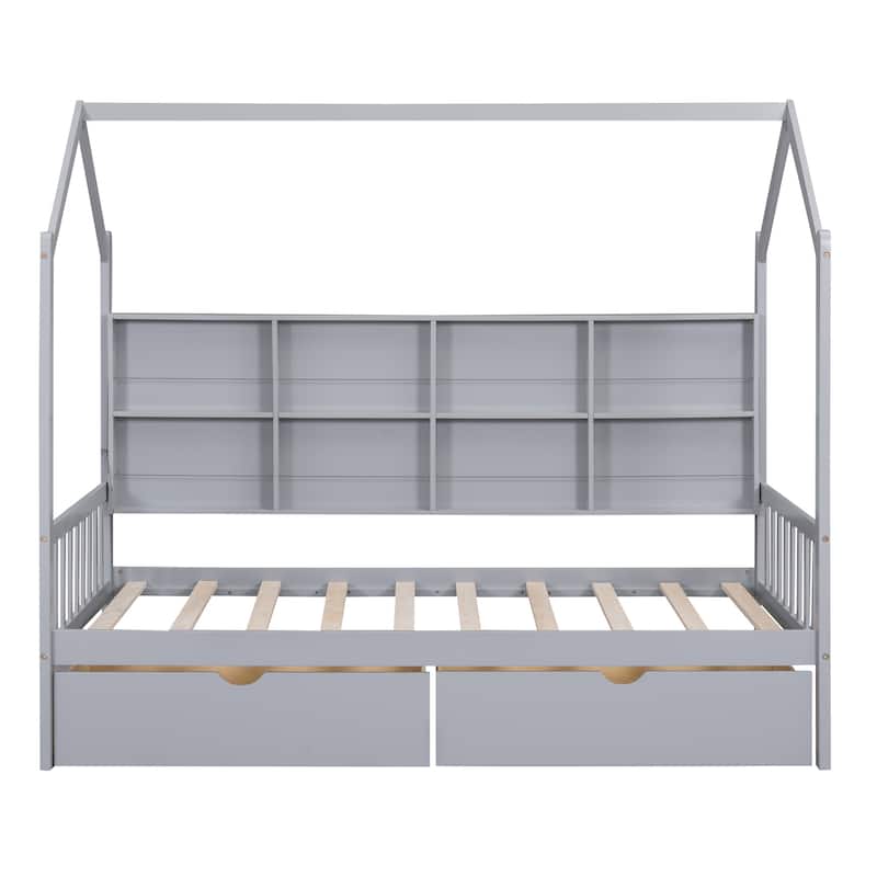 Wooden House Bed with 2 Drawers, Kids Bed with Storage Shelf