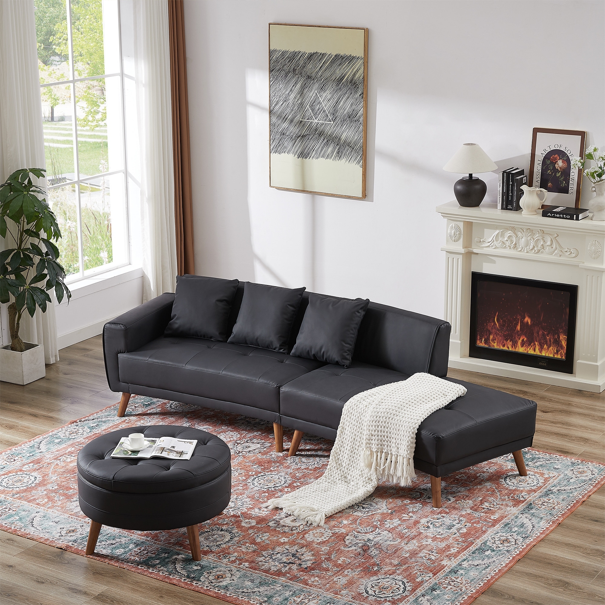 Black Leather Chaise Lounge Sofa with Round Storage Ottoman Bed Bath Beyond 40878565