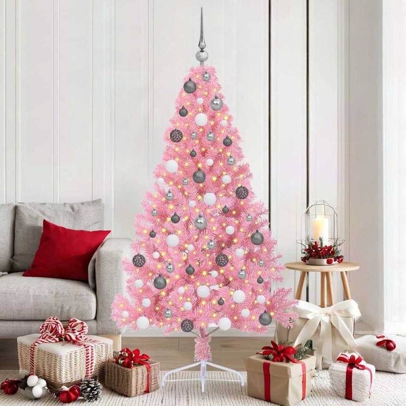 vidaXL Artificial Pre-lit Christmas Tree Pink in PVC - 59.06 in - Pink-with 120 white-grey balls