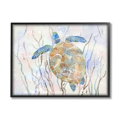 Stupell Contemporary Ocean Sea Turtle Abstract Kelp Sea Life Framed Wall Art - Blue