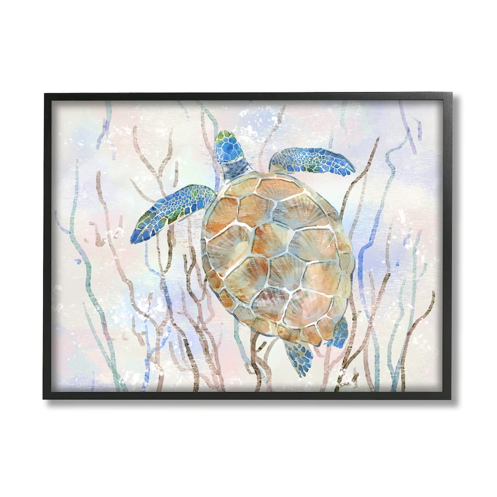 Stupell Contemporary Ocean Sea Turtle Abstract Kelp Sea Life Framed Wall Art - Blue