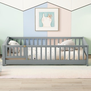 Twin Pine Wood Floor Platform Bed with Built-in Book Storage Rack,Door