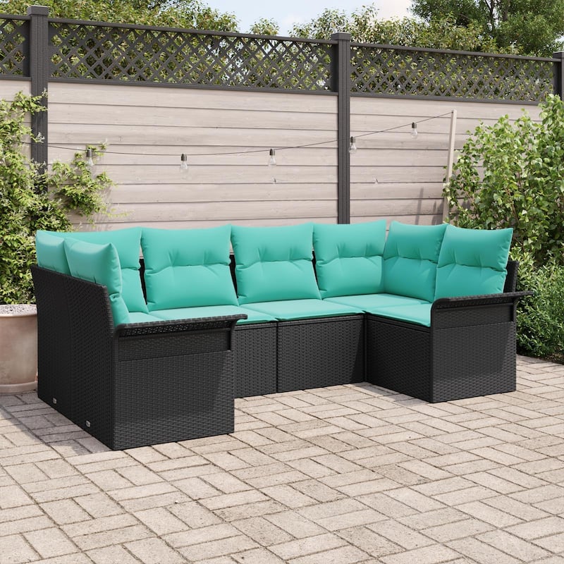 vidaXL 6 Garden Sofa Set with Cushions Black Poly Rattan - 92.1 x 52.2 x 27.2