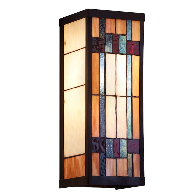 River of Goods Multicolor Stained Glass and Black Satin Rectangular 1-Light Outdoor Wall Sconce - 6.25" x 5.5" x 16.25"