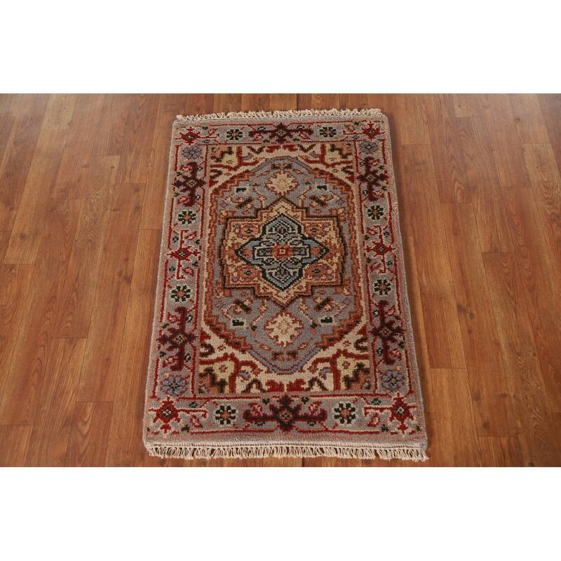 Geometric Grey Heriz Serapi Indian Rug Hand-Knotted Wool Carpet - 2'0"x 3'0"