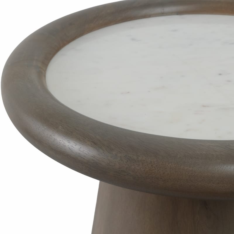Mango Wood Marble Accent Table Round Drum Base Sculptural Design