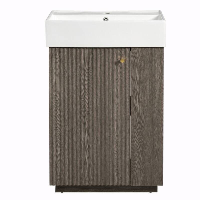 21.6" Bathroom Vanity with Ceramic Sink, Freestanding Modern Wood Grain Cabinet with Open & Closed Storage
