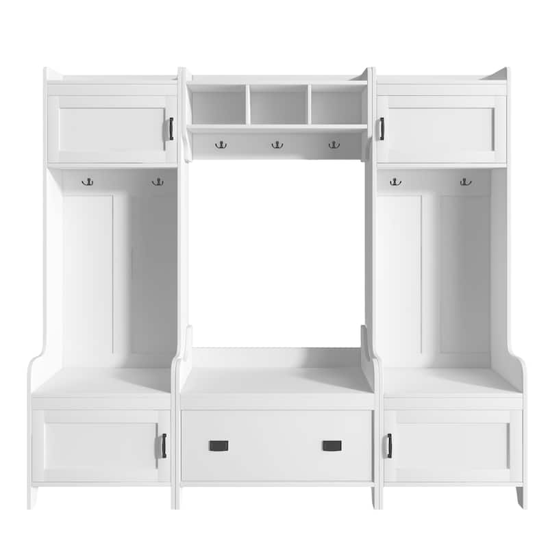 Roomfitters Modern Mudroom Hall Tree with Bench, 4-in-1 Coat Rack with 7 Black Hooks and Large Storage Compartment, White